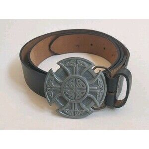Vintage 2000 Mens Black Leather Belt W/Celtic Cross Buckle Size 38 Made in USA